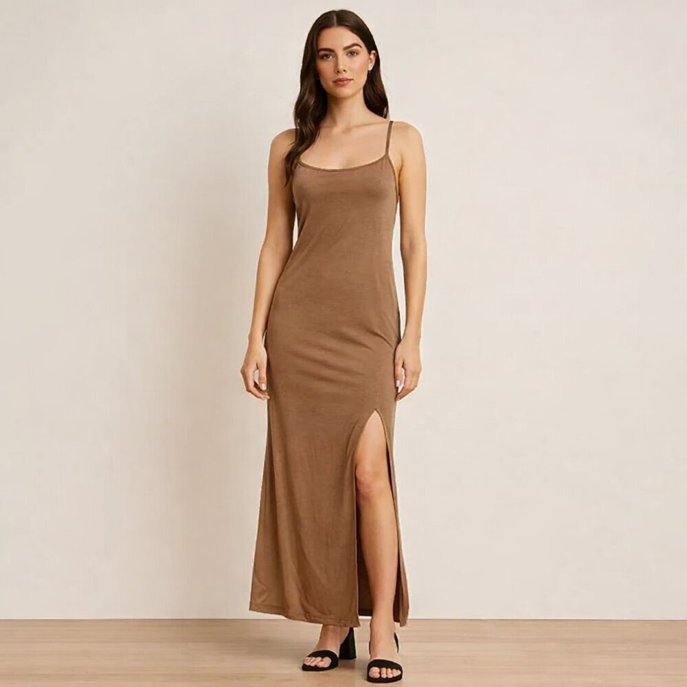 Tan Brown Cross Back Slip Dress Maxi Side Slit Adjustable Straps Womens Small